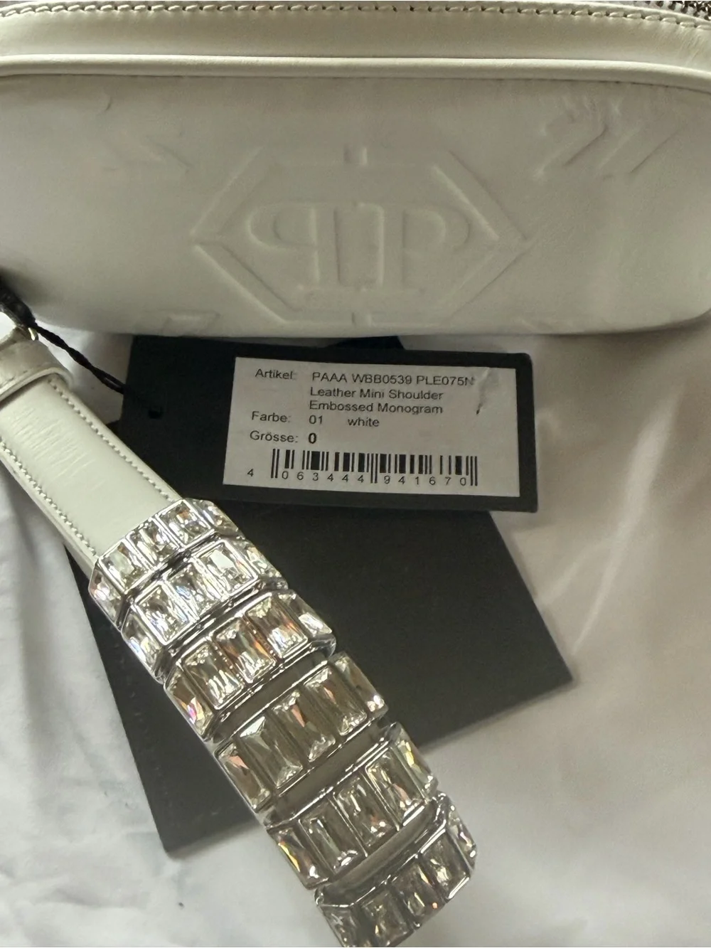 Philipp Plein White Leather Embossed Skull Wristlet NWT Crystal Strap